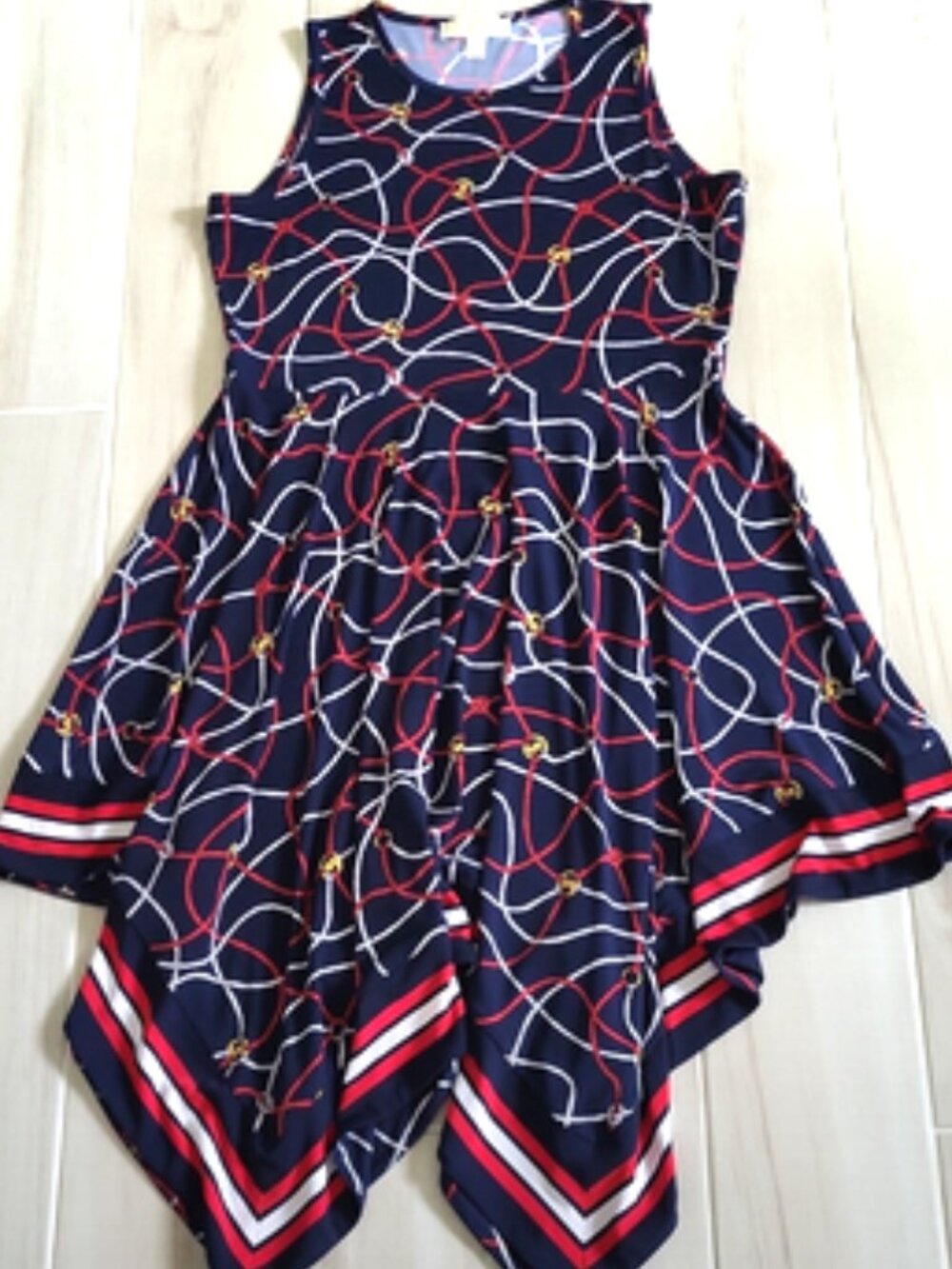 Michael Kors Navy Rope-Print Handkerchief-Hem Dress with Red and White Accents
